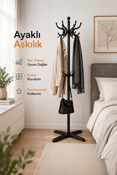 Vienev Modern Metal Gövdeli Dekoratif Ayaklı Askılık - 10 Kancalı Portmanto