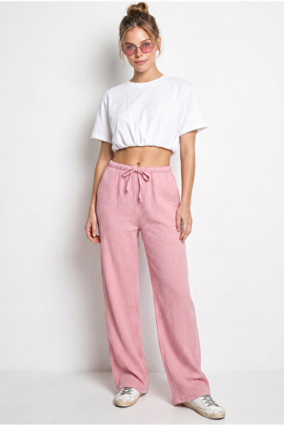 Bianco Lucci Women's Lace-Up Elastic Waist Muslin Wide-Leg Trousers Yp5502 60...