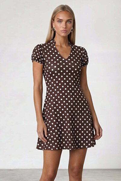 Trend Alaçatı Stili Women's coffee v-neck ruched sleeve polka dot dress alc-x...