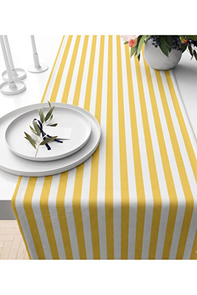 KİLİAHOME Leke Tutmaz Sarı Çizgili Duck Kumaş Runner - 140x40 cm