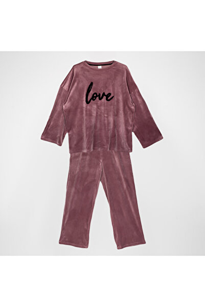 Zumzeria Set de pijamale de iarnă din pluș, nud bordo, "Love", pentru femei