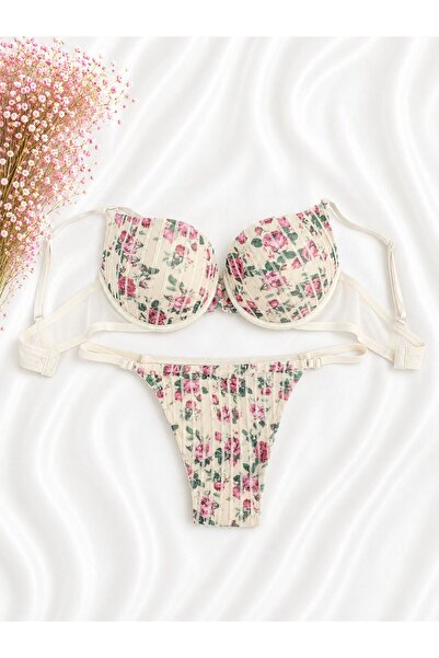 cansoy lingerie طقم حمالة صدر مطبوعة ومبطنة بالجليتر