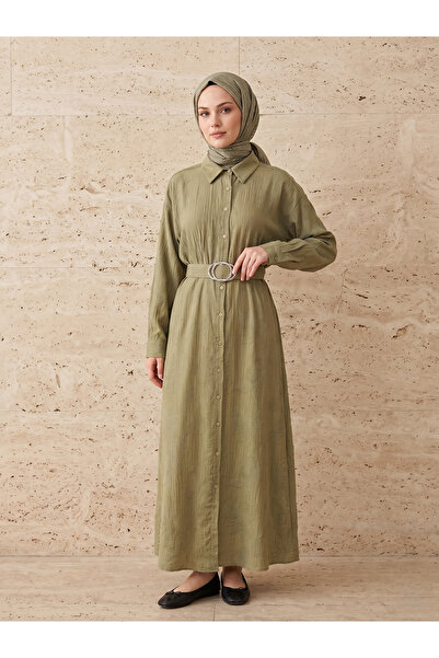 Lunsera Store فستان بياقة وطية صدر - كاكي