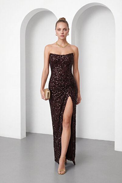 Lafaba Women's Brown Strapless Neckline Slit Long Sequin Evening Dress
