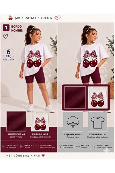 STuran design Kız Çocuk Bordo Kiraz Baskılı Oversize T-shirt ve Kaşkorse Şort...