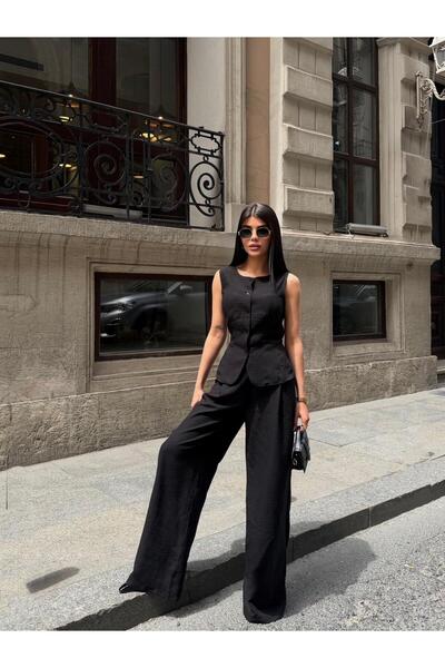 PEMAA Peplum Detailed Crew Neck Sleeveless Linen Vest and Wide-Leg Pants Set