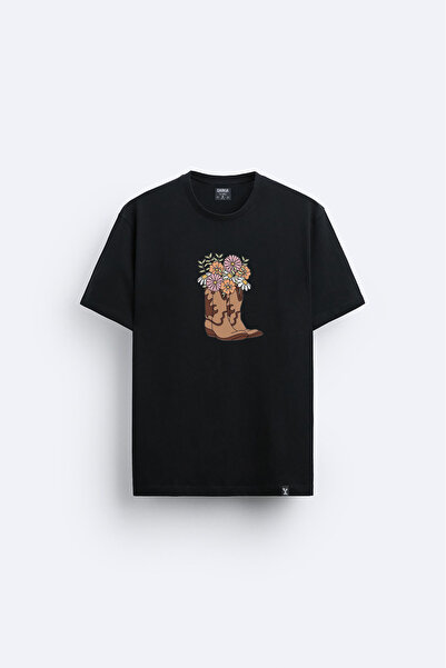AYDESİGN Tricou negru cu imprimeu Cowboy Pinterest, cu gâtul tip crewneck