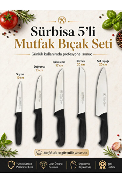 Sürbisa 5 Parça Günlük Profesyonel Mutfak Bıçak Seti – Şef, Ekmek, Dilimleme,...