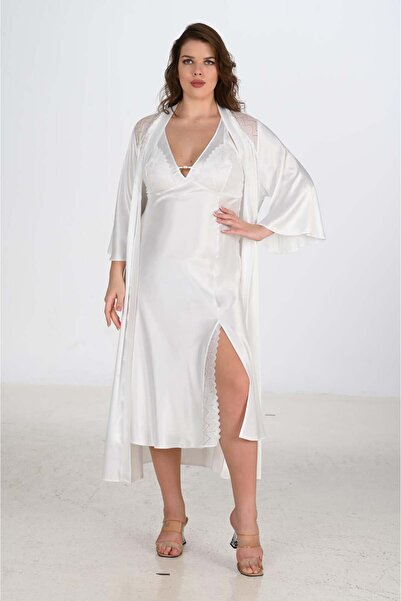 AHU Women's Plus Size Satin 2-Piece Ecru Lace Robe and Nightgown Set