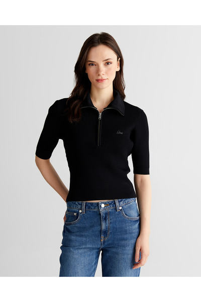 Gant Kadın Siyah Slim Fit Yarım Fermuarlı Kazak
