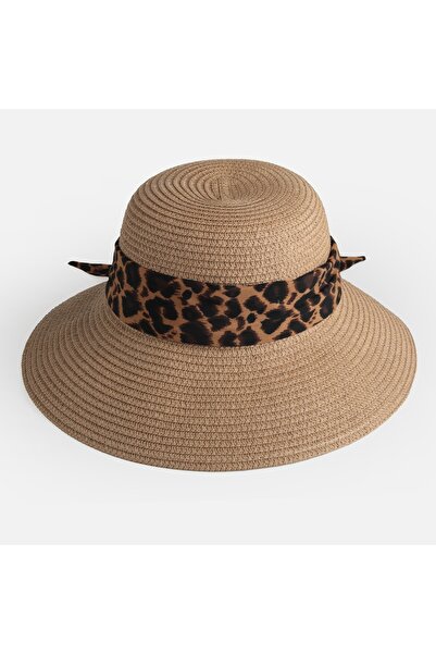 Zumzeria Brown Straw Hat with Animal Print Ribbon for Women