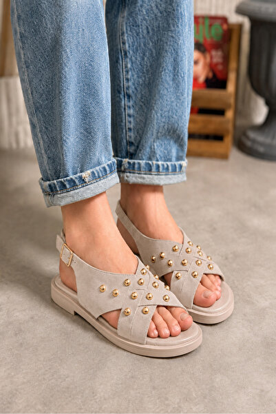 Scarpebutik Women's Beige Suede Cross-Strapped Sandals with Gold Trok Detail
