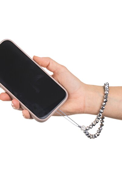 Zumzeria Brățară accesoriu pentru telefon mobil cu mărgele gri și strasuri 13cm