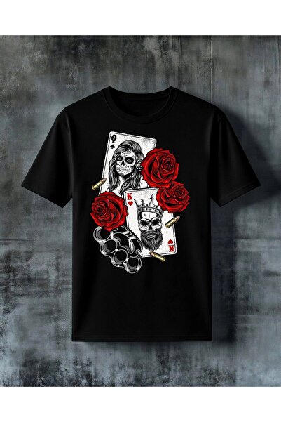 COMVİCHO Playing Cards Red Rose Printed Oversize T-Shirt