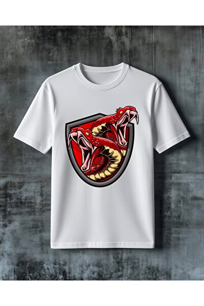 COMVİCHO Red Snake Shield Logo Printed Oversize T-Shirt