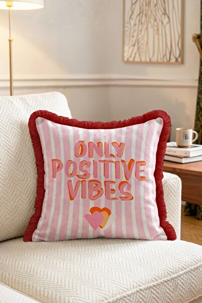 IdeCraft Only Positive Vibes Heart Striped Fringed Throw Pillow Cover Burgund...