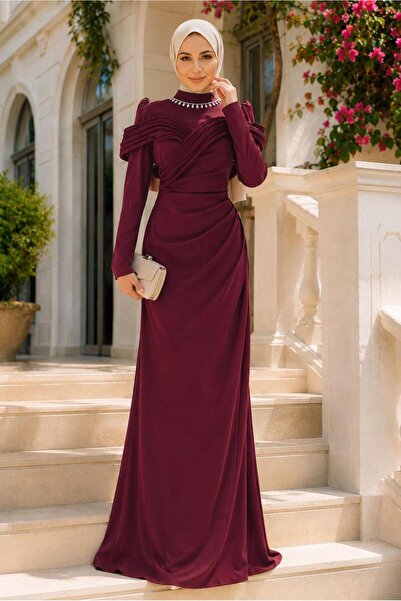 TRENDTESETTÜR KADIN BORDO YAKASI TAŞ DETAYLI ABİYE ELBİSE T 4663