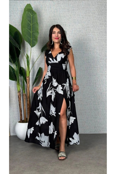 Butik فستان نسائي طويل من القطن الممشط بياقة مزدوجة الصدر وتفاصيل واسعة وفتحة