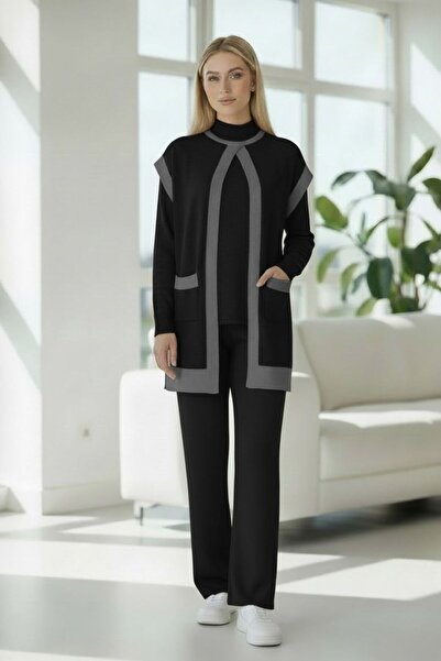 Intisimo Women's Knitted Three-Piece Classic Set, Black/Grey