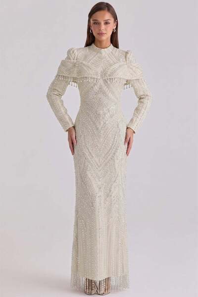 Olcay İnci ve Pul Desenli Exclusive Tesettür Abiye Elbise KREM 1090