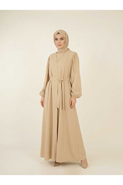Beyza Giyim 9187 Abaya Dubai İpeği Bej