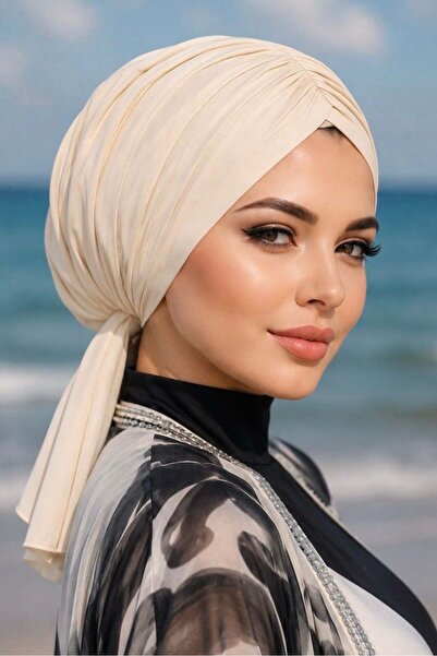 Aişe tesettür Cream Lace-Up Drawstring Sea - Pool Cap