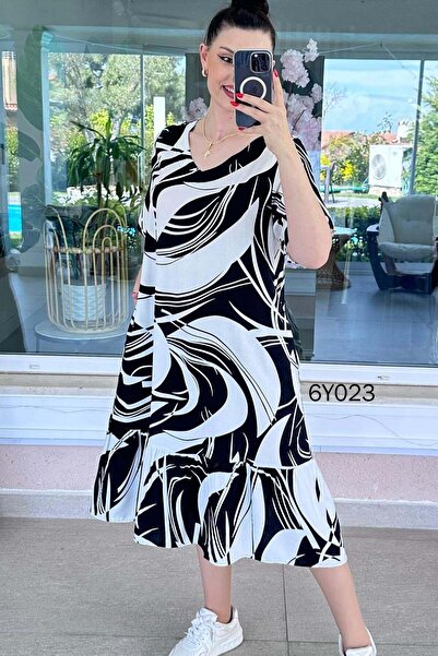 İnce Topuk V-Neck Ruffled Viscose Dress with Pockets 6Y023