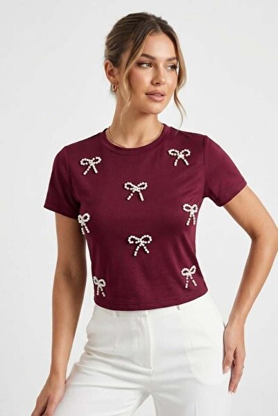 Raneel Kazançlı Alışveriş Women's Pearl Bow Crop Blouse Burgundy
