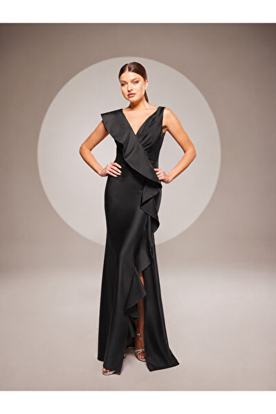 Maxra Govana Women's Flounce Detailed V-Neck Long Evening Dress Stylish Eveni...
