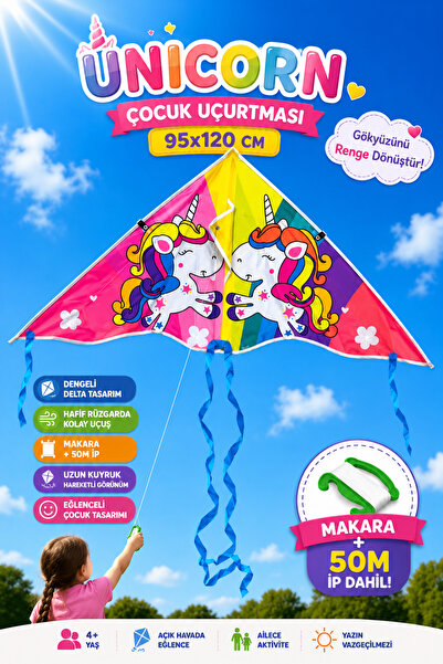 YILDIRIM OYUNCAK Unicorn Çocuk Uçurtması 95x120cm – Makaralı 50m İpli Hafif K...