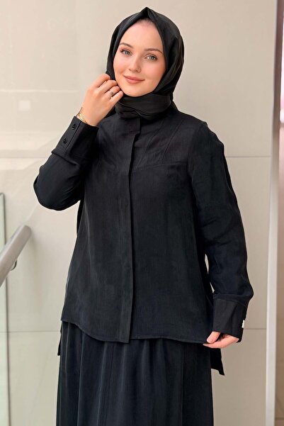 MISS DALIDA Missdalida Long Sleeve Collarless Cupro Linen Shirt