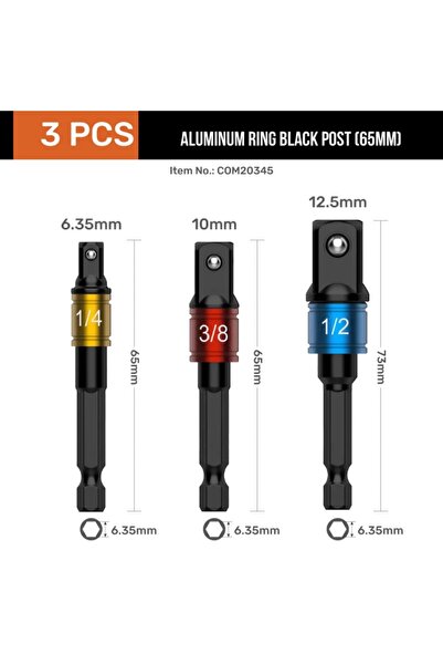 Choice1 65mm Black Ring Set 3pcs Hex Wrench Adapter Square Head Extension Dri...