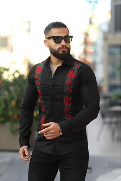 BAYIM Erkek Slim-Fit Dikey Gül Nakış İşlemeli Premium Lüks Gömlek