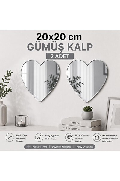pleksi aksesuar 20 x 20 (2 ADET ) GOLD VE GÜMÜŞ AYNALI KALP DUVAR DEKORU