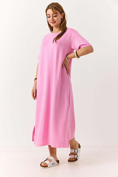 Raneel Kazançlı Alışveriş Women's Short Sleeve Stone Detailed Long Dress Pink