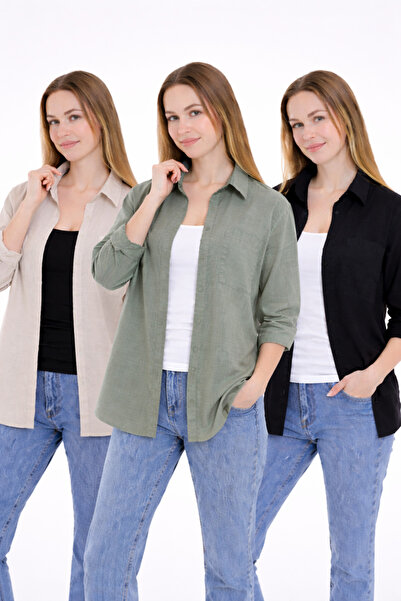 DEZZİİ 3-Piece Linen Shirt 100% Cotton Beige Khaki Black