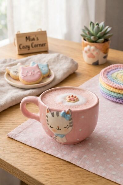 ARVALE Pink Ceramic Mug with 3D Embossed Cat Figure - Aesthetic Polka Dot Cof...
