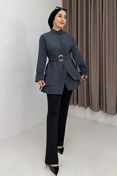 Raneel Kazançlı Alışveriş Çizgili Gabardin Halka Toka Detaylı Gömlek Tunik İn...