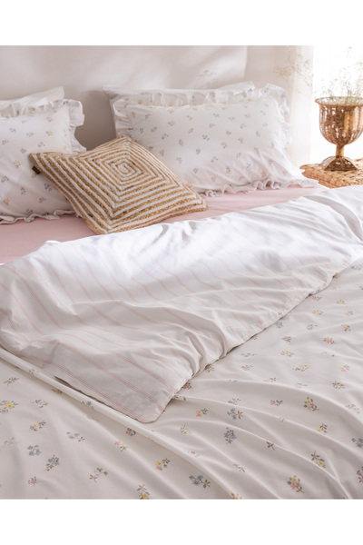 Madame Coco Veronique Double 100% Cotton Ruffled Printed Bed Sheet and Duvet Cover Set - White/Powder