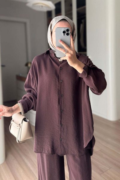 Ka Hijab Casual Shirt and Pants Two-Piece Set - Brown