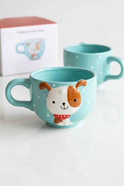 ARVALE Blue Ceramic Mug with 3D Embossed Dog Figure - Aesthetic Polka Dot Cof...