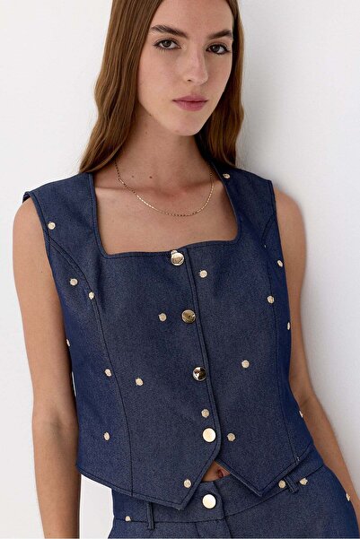 Lencie Vestă brodată cu aspect de denim, bleumarin