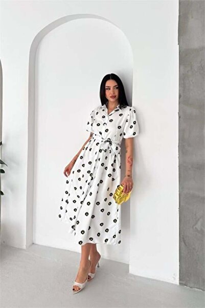 Dipmoda Women's White Shirt Collar Balloon Sleeve Floral Printed Summer Midi ...