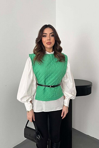 ozelia    Green Belted Shirt and Poncho Set