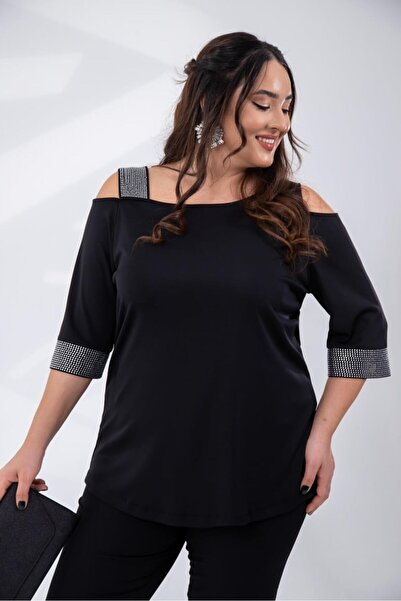 Roxxlen Women's Plus Size Blouse with Stones on the Shoulder Sleeves