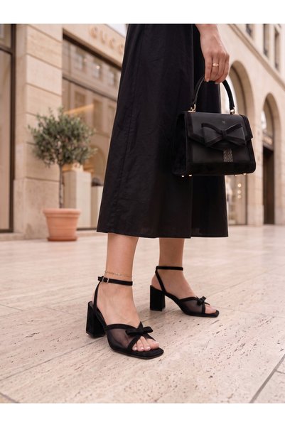 Suvra Women's Mesh Detailed Ankle-Tie Evening Dress Shoes with Bow Accessories and Thick Heels