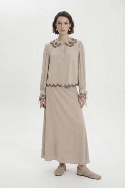 Zühre Embroidery Detailed Round Neck Beige Set 1844