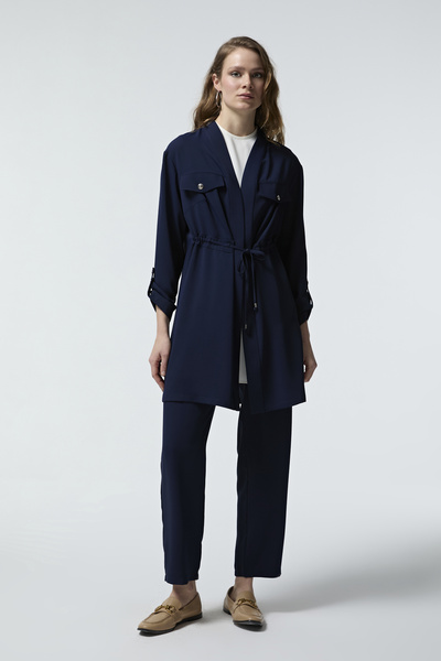 Zühre Flowing Navy Blue Suit with Belted Flap Pockets 1212