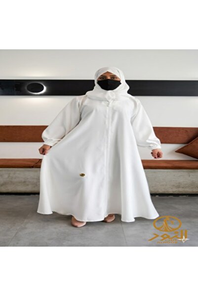 Generic White abaya with elastic sleeves and a full front zipper