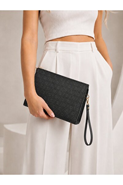 Timburly 3’lü Kadın Monogram Desenli Clutch Portföy Çanta Seti Krem Kahverengi Antrasit Fermuarlı Bilek Askılı El Çantası